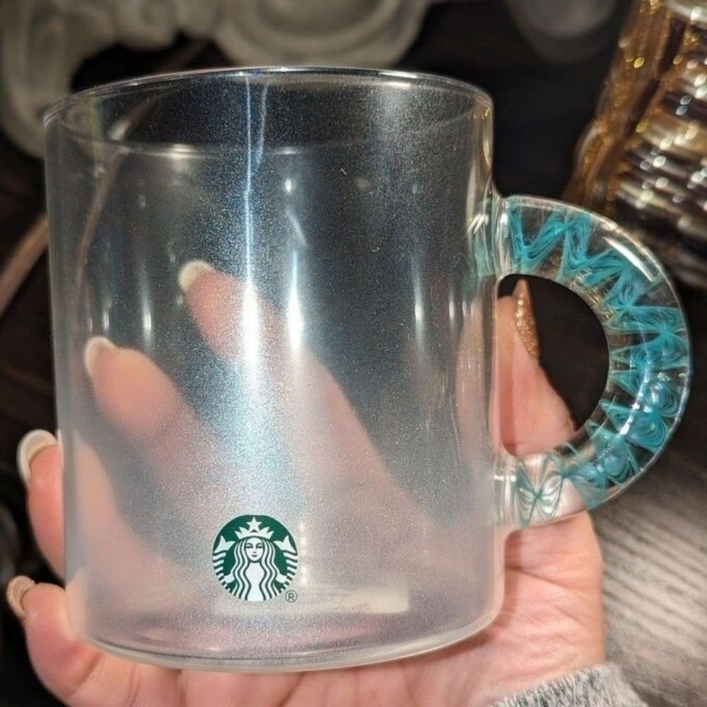 Starbucks 2023 Glass Coffee Mug Aqua Swirl Handle 14 Fl Oz Clear Cup NWT